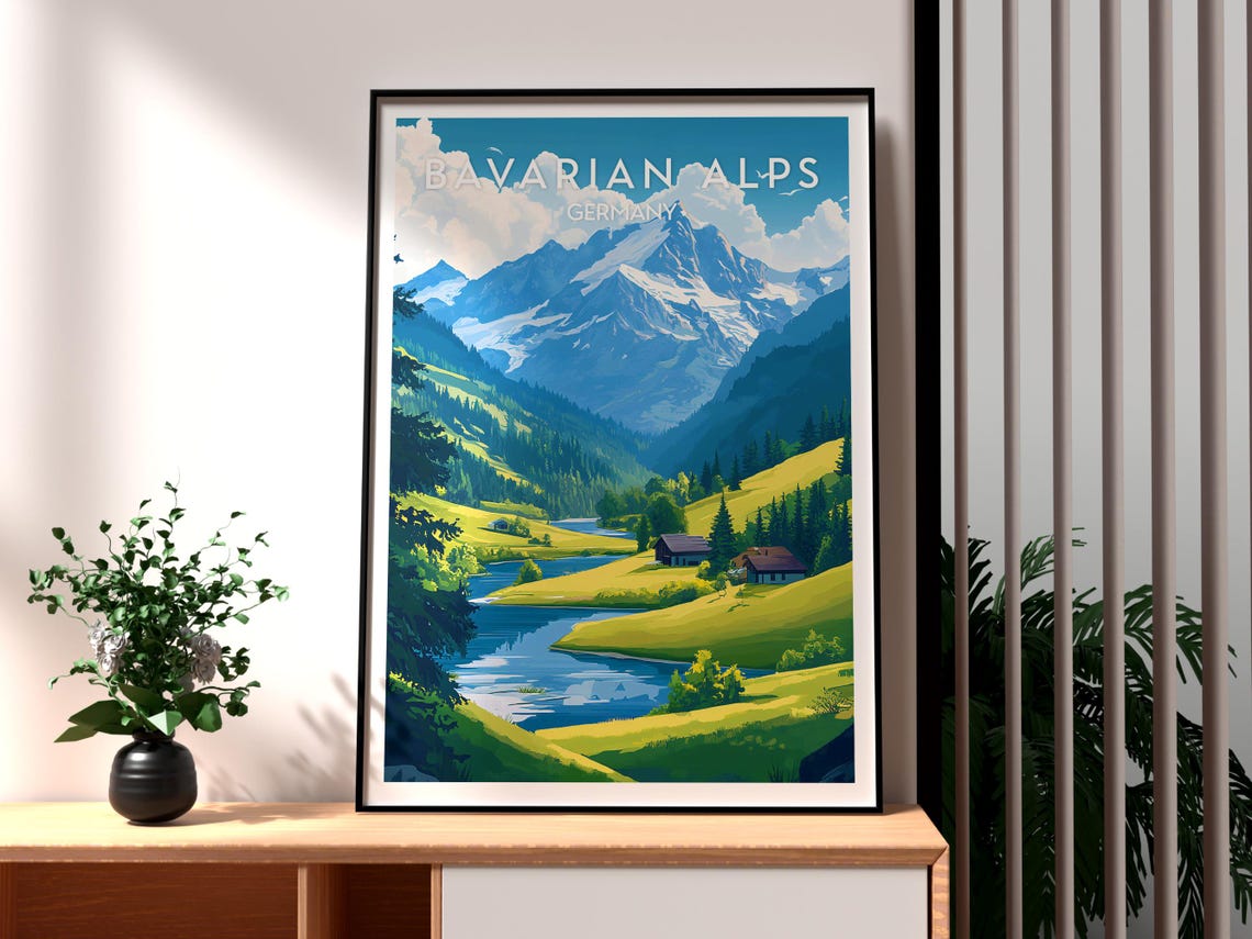 Bavarian Alps Germany Snowy Peak Alpine Lake Chalet Travel Poster
