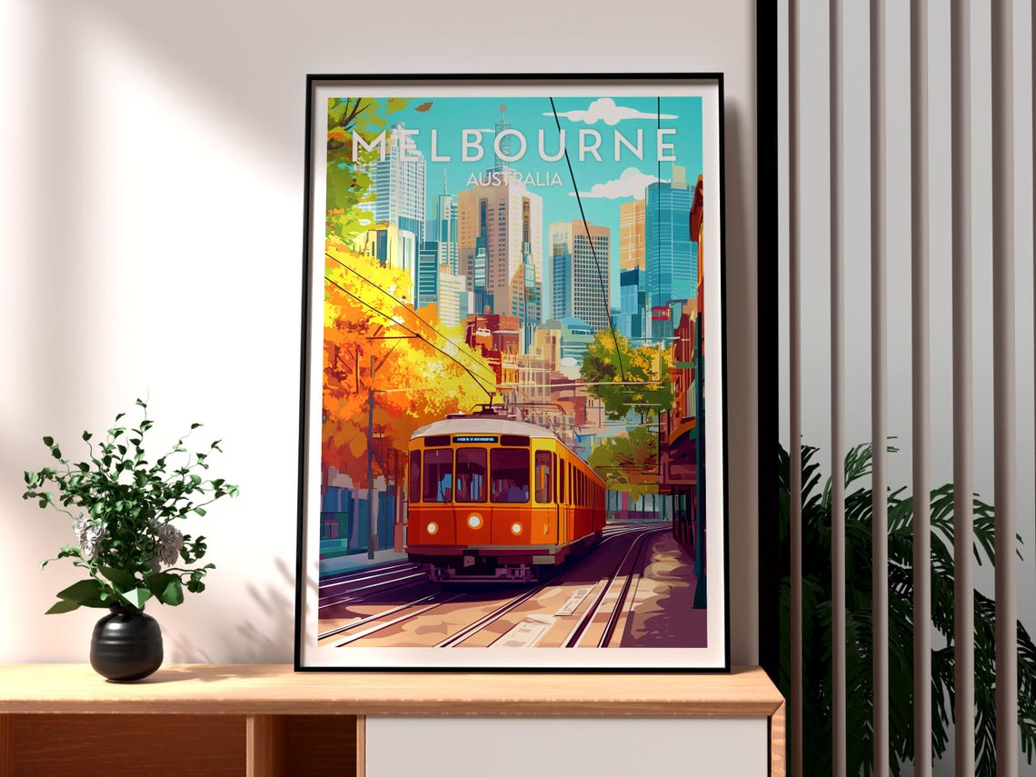 Melbourne Australia Vintage Tram City Skyline Autumn Travel Poster