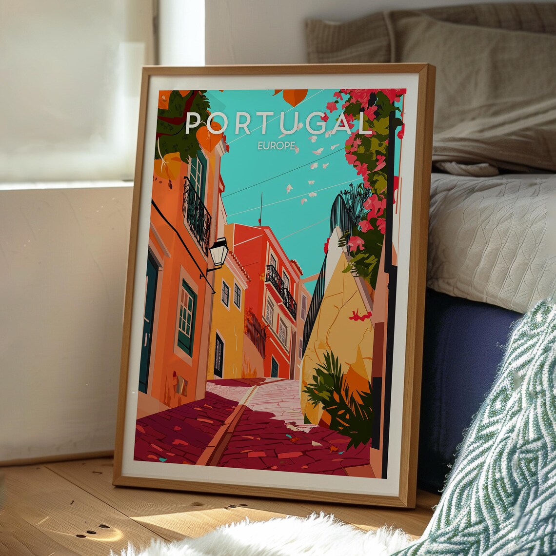 Portugal Europe Colorful Old Town Street Bougainvillea Travel Poster - Image 3