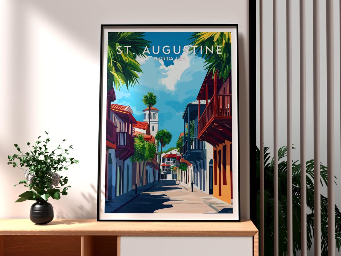 St Augustine Florida Spanish Colonial Street Palm Trees Travel Poster