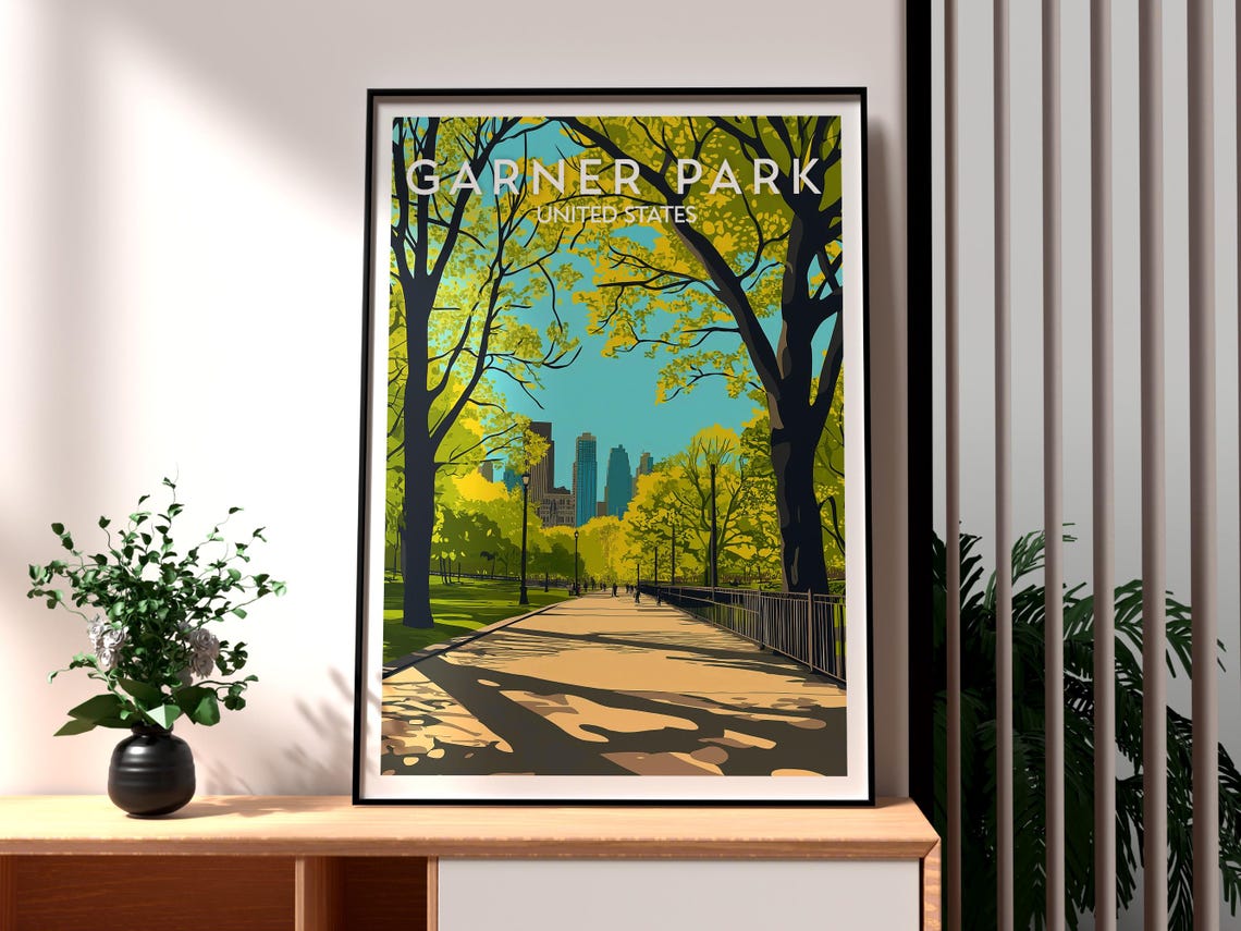 Garner Park Vintage Sunlit Tree Lined Path City Skyline Poster