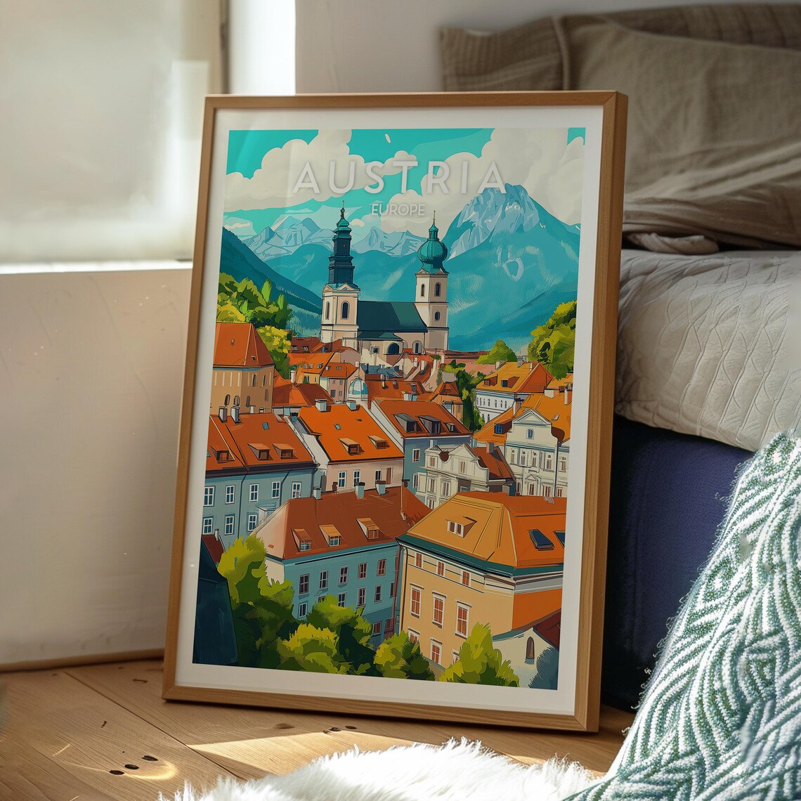 Austria Alps Historic Old Town Twin Church Towers Travel Poster - Image 3