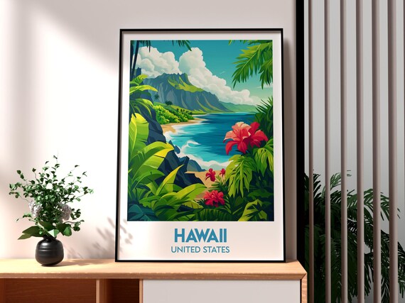 Hawaii Tropical Coastline Hibiscus Flowers Ocean View Travel Poster