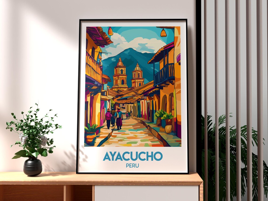 Ayacucho Peru Colorful Colonial Street Church Towers Travel Poster