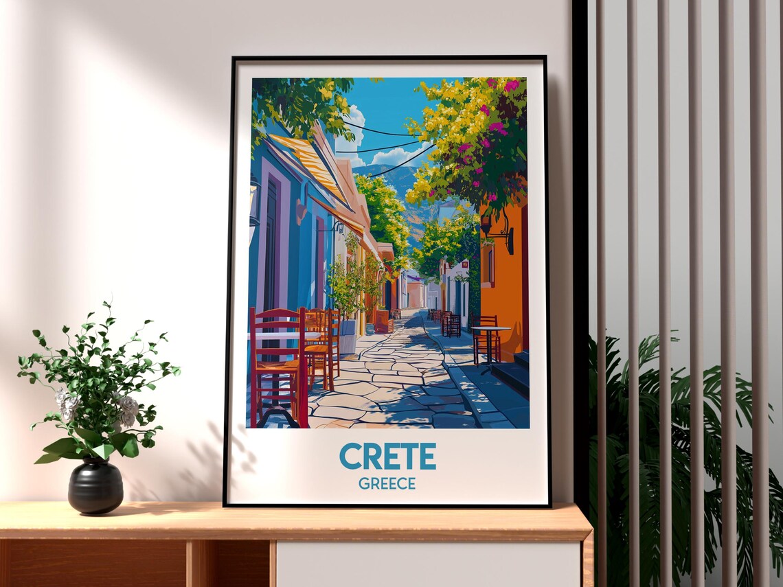 Crete Greece Sunny Village Lane Cafes Island Charm Travel Poster