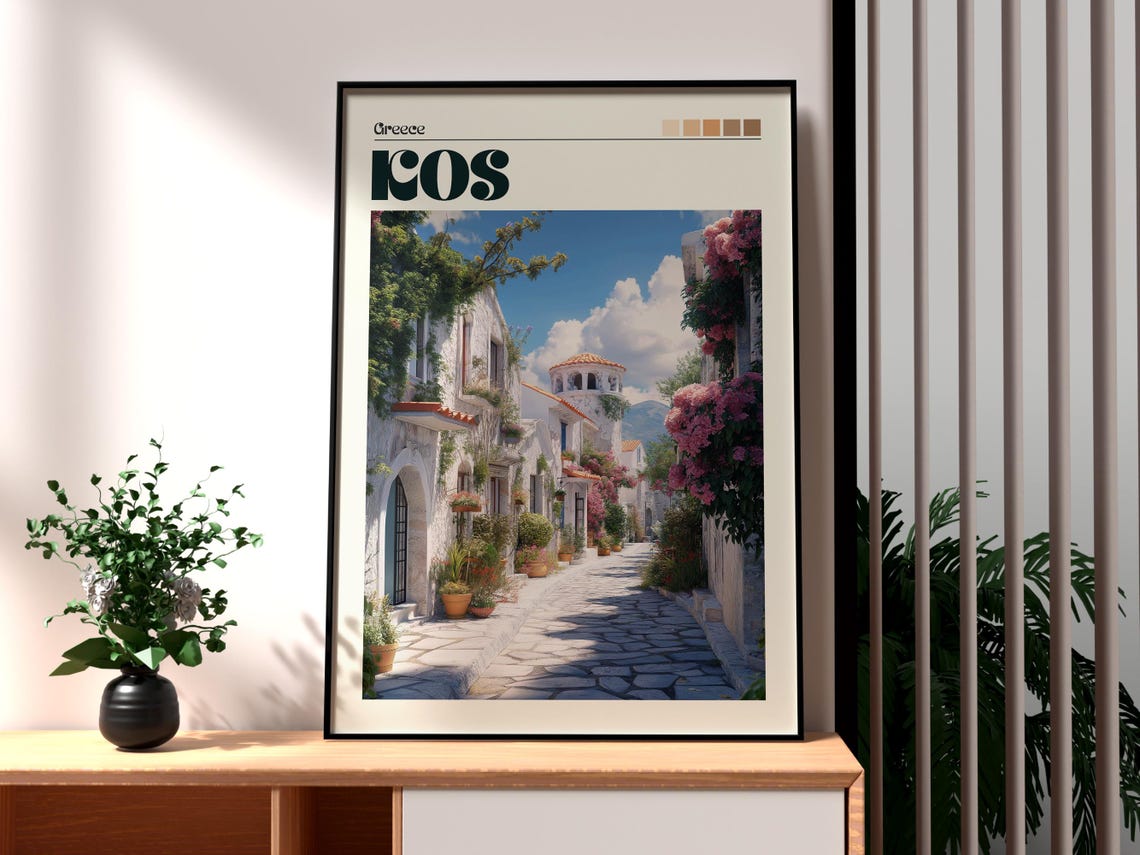 Kos Greece Flower Lane Whitewashed Village Island Travel Poster