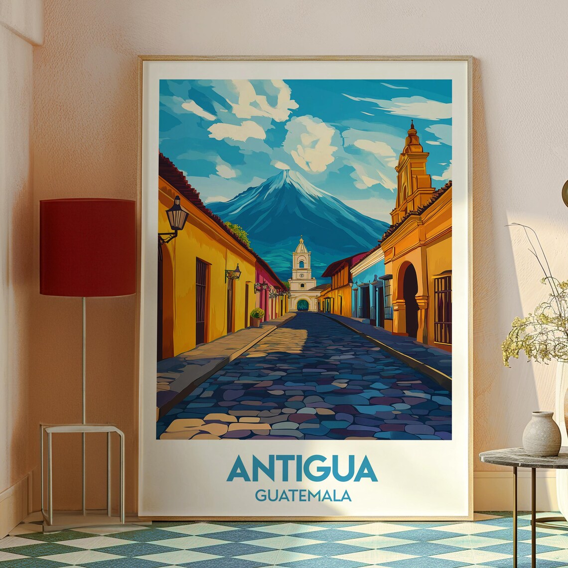 Antigua Guatemala Colonial Street Volcano Retro Travel Poster - Image 2