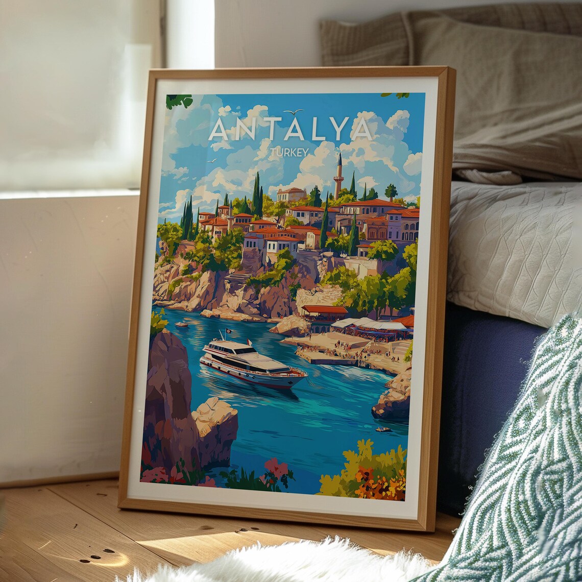 Antalya Turkey Cliffside Old Town Harbor Boat Coastal Travel Poster - Image 3