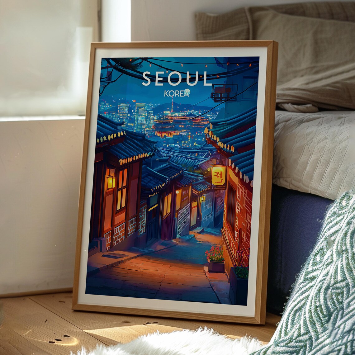 Seoul Korea Night City Old Town Alley Lantern Vintage Travel Poster - Image 3