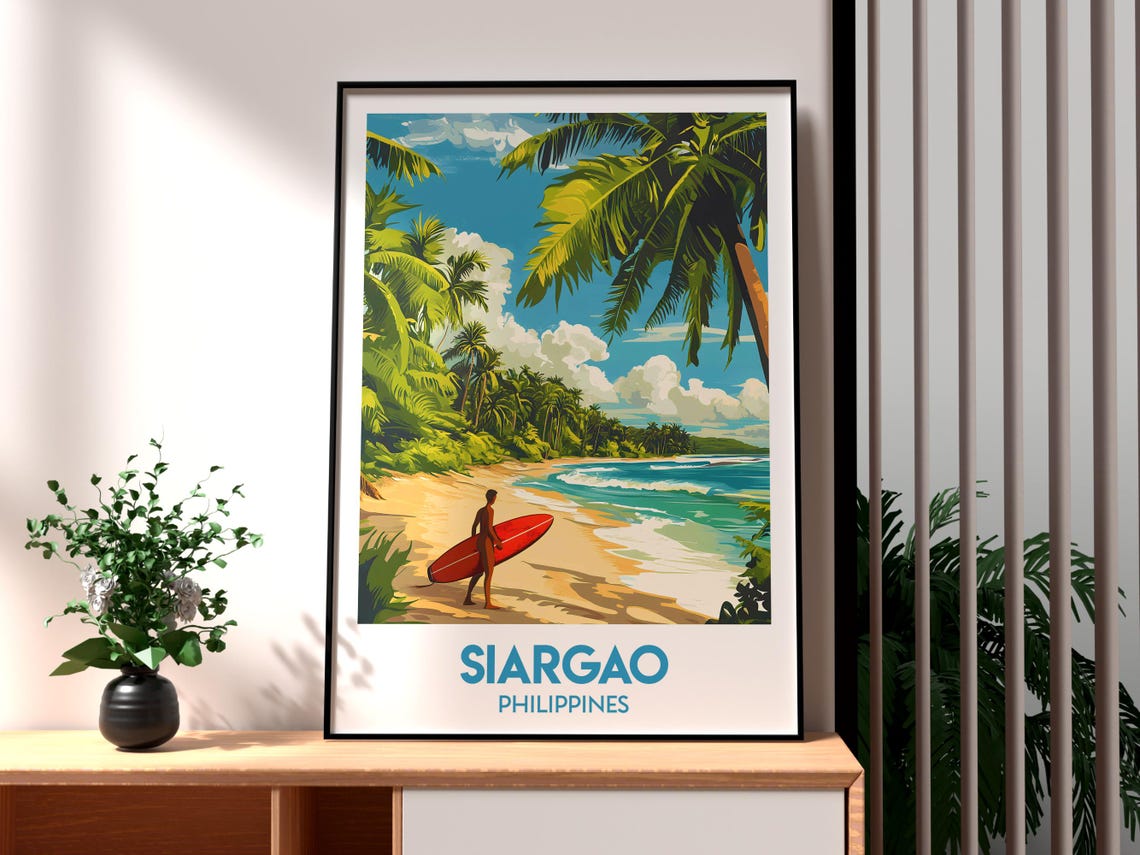 Siargao Philippines Surf Beach Palm Trees Red Board Travel Poster