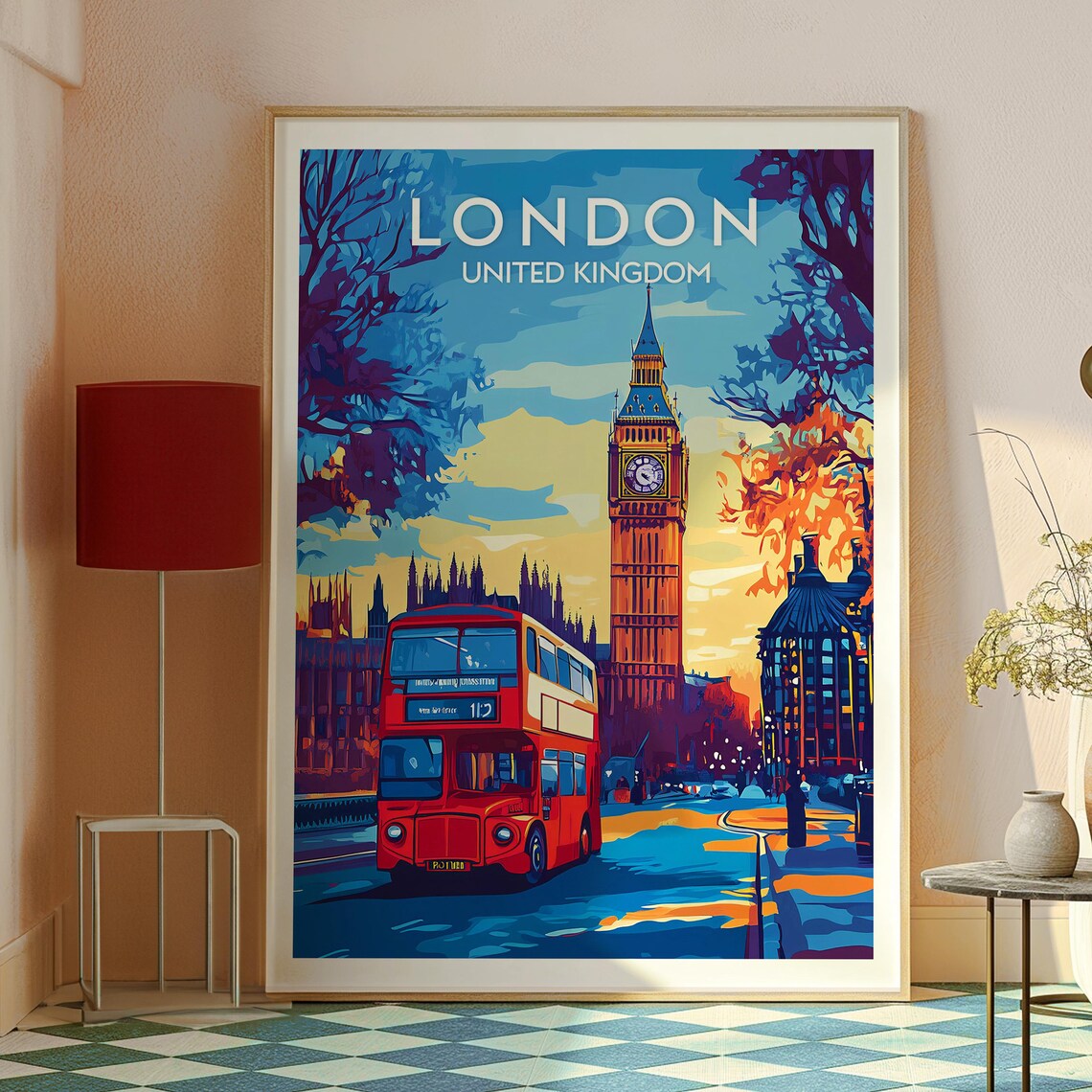 London United Kingdom Big Ben Red Double Decker Bus City Poster - Image 2