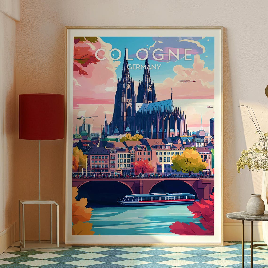 Cologne Germany Cathedral River Boat Cityscape Sunset Art Poster - Image 2
