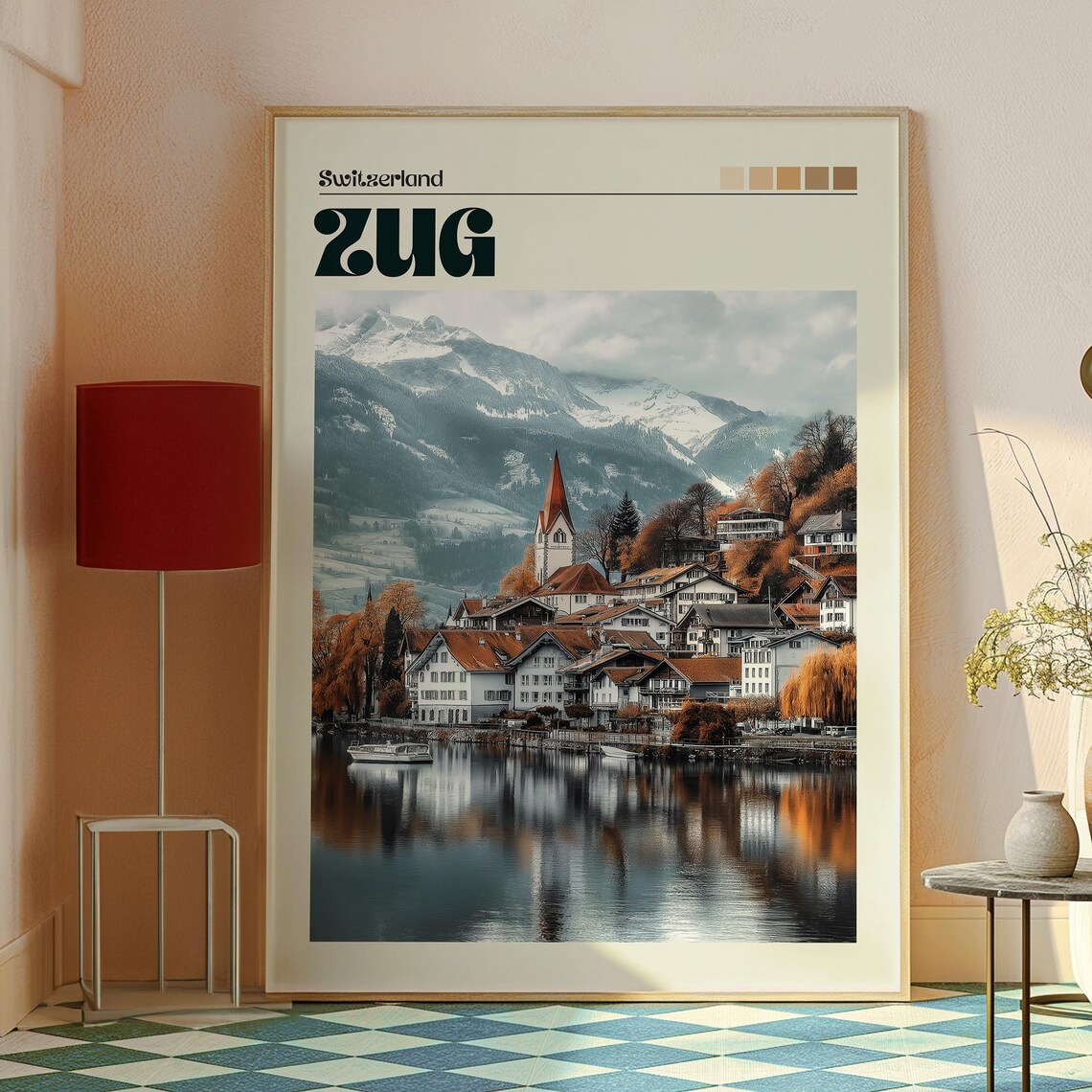 Zug Switzerland Lake Town Church Mountain Reflections Travel Poster - Image 2