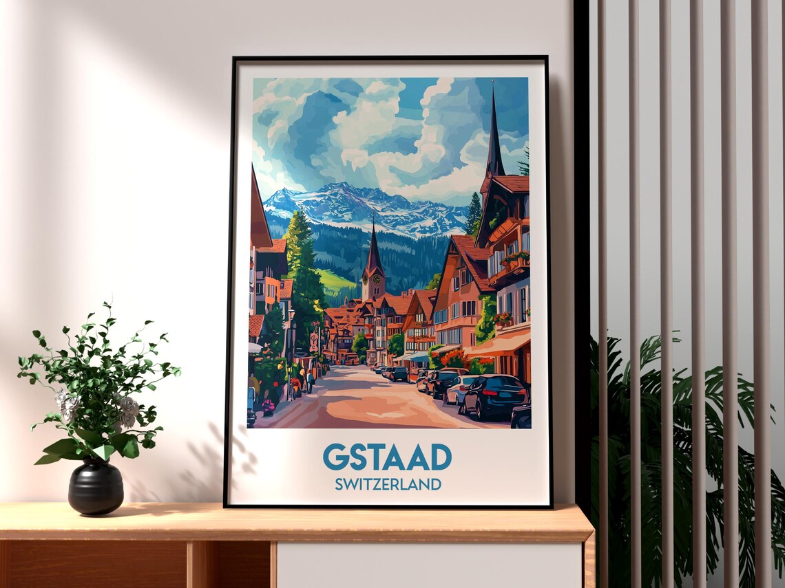 Gstaad Switzerland Chalet Street Twin Church Spires Mountain Poster