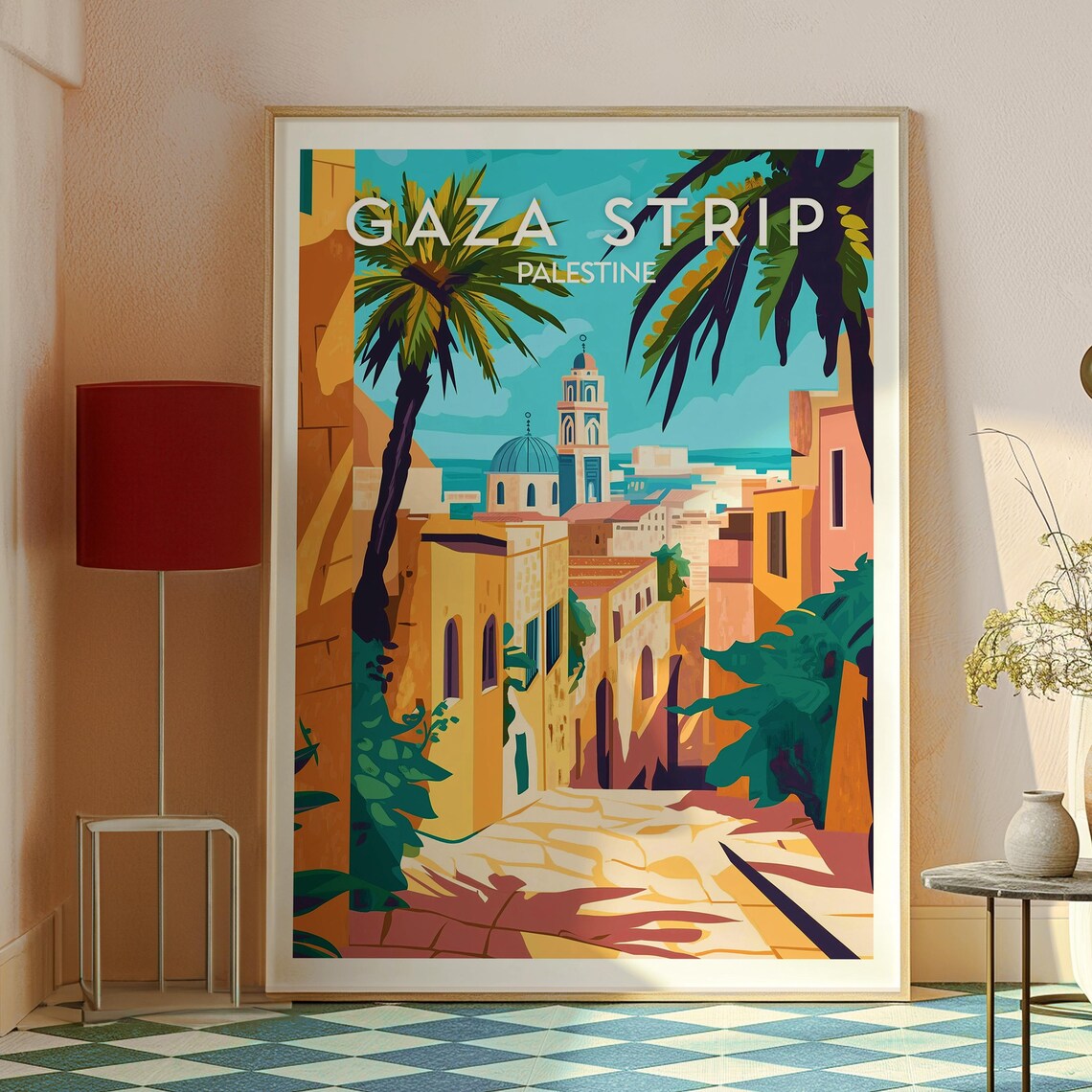 Gaza Strip Palestine Old Town Palms Sea Vibrant Travel Poster - Image 2