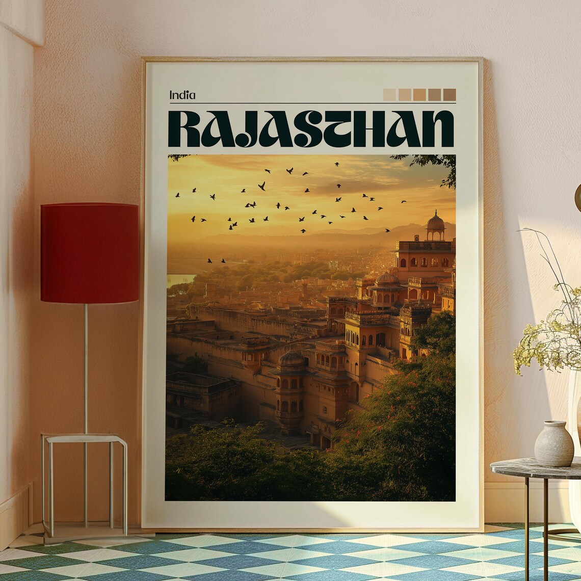 Rajasthan India Hilltop Fort Golden Sunset Retro Travel Poster - Image 2