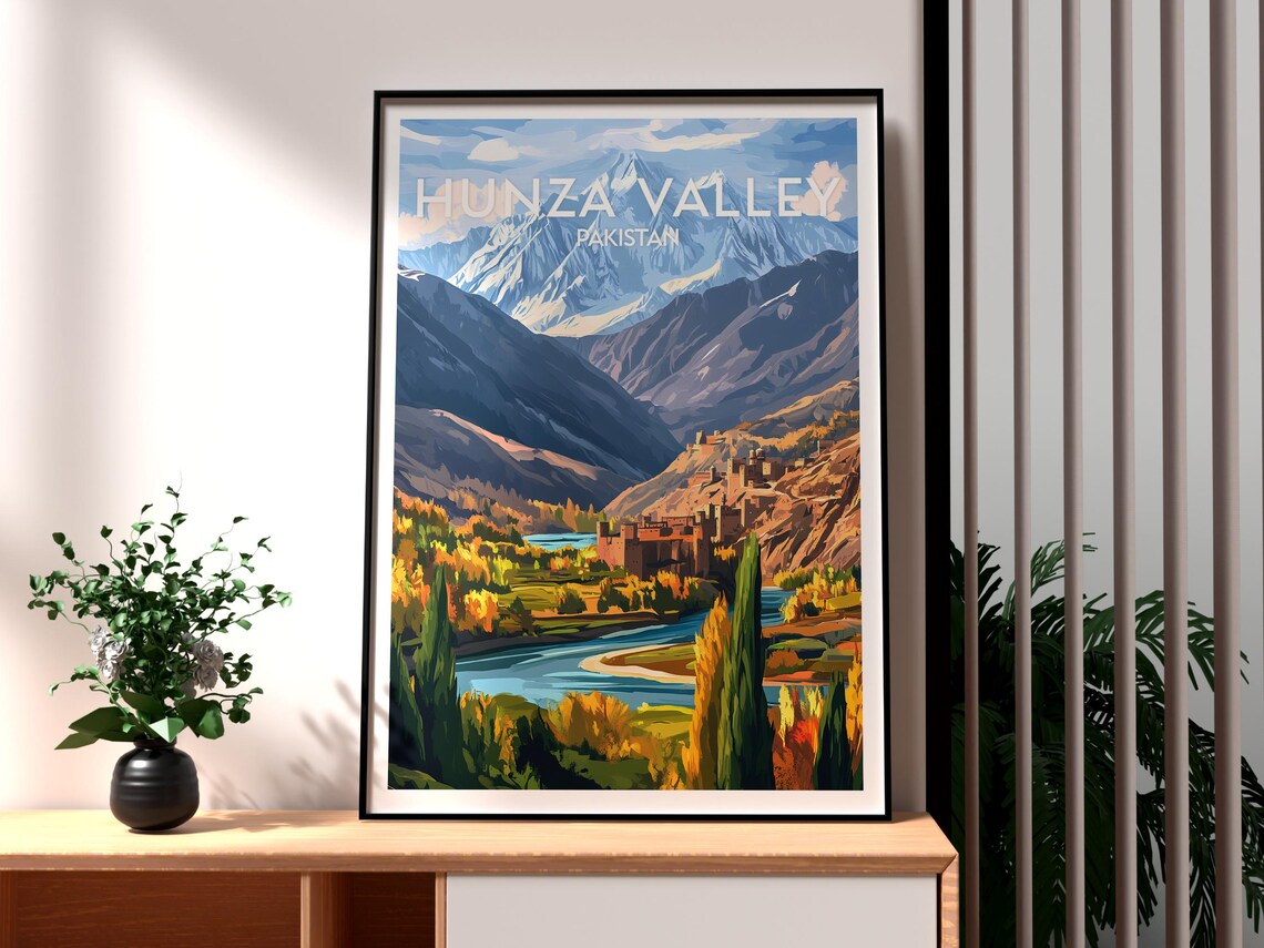 Hunza Valley Pakistan Snow Peaks River Autumn Vintage Travel Poster