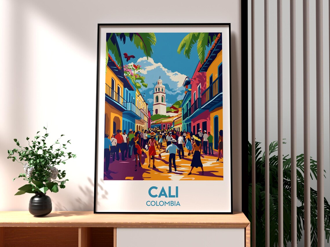 Cali Colombia Colonial Street Festival Crowd Colorful Travel Poster