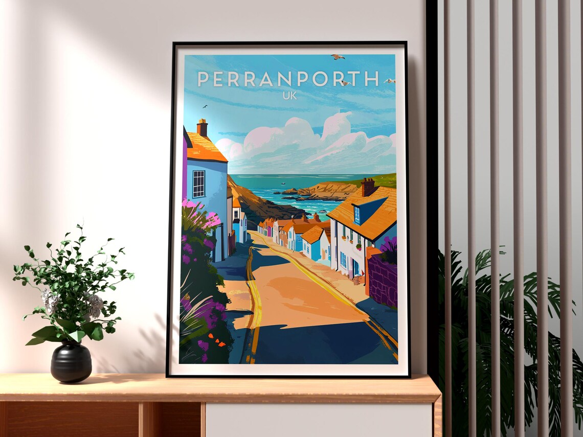 Perranporth UK Seaside Cottage Street Ocean View Illustration Poster