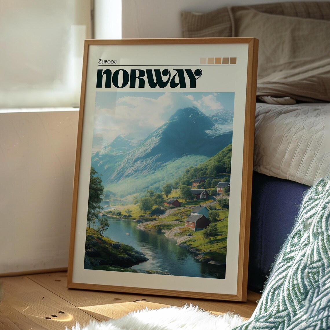 Norway Fjord Snowy Peaks Red Cabins Lakeside Scenic Travel Poster - Image 3