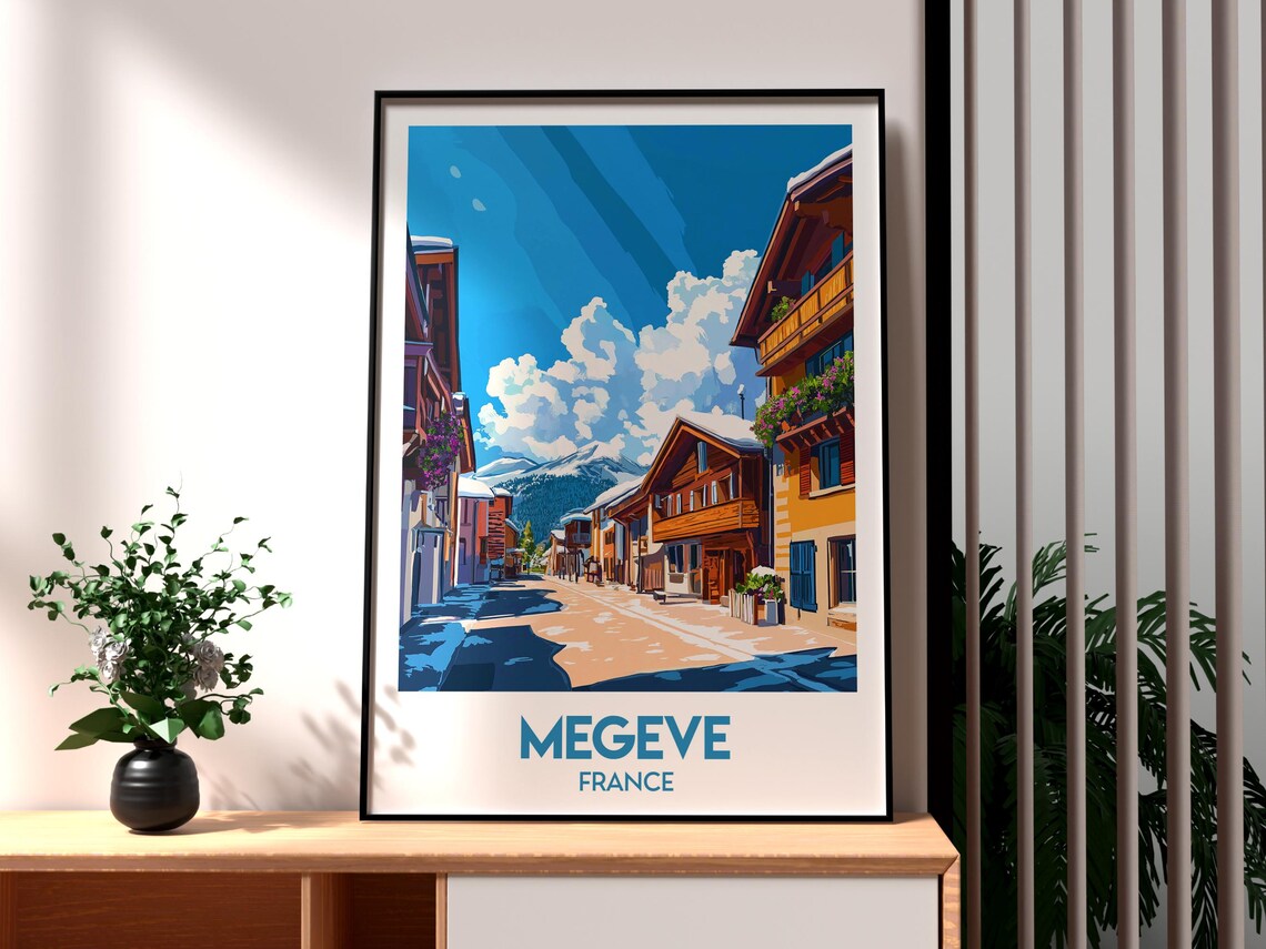 Megeve France Alpine Village Chalet Mountain Retro Travel Poster