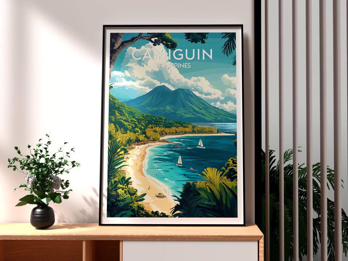 Camiguin Philippines Volcano Beach Sailboats Palm Trees Travel Poster