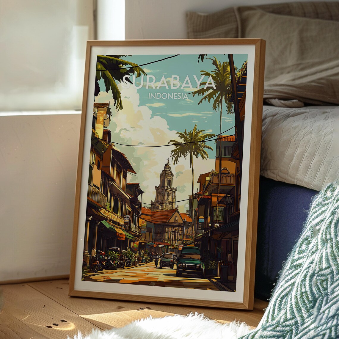 Surabaya Indonesia Old Town Street Palms Colonial Travel Poster - Image 2
