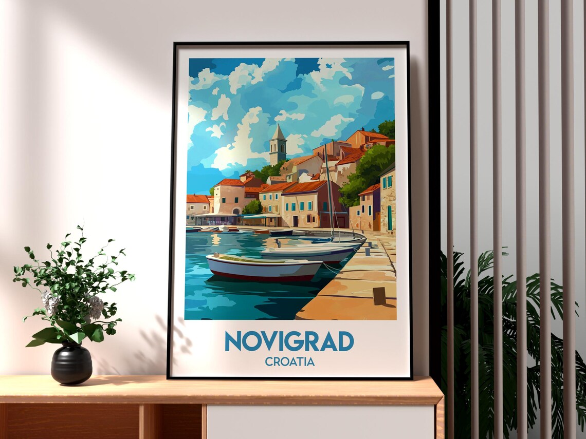 Novigrad Croatia Stone Quay Fishing Boats Old Harbor Travel Poster
