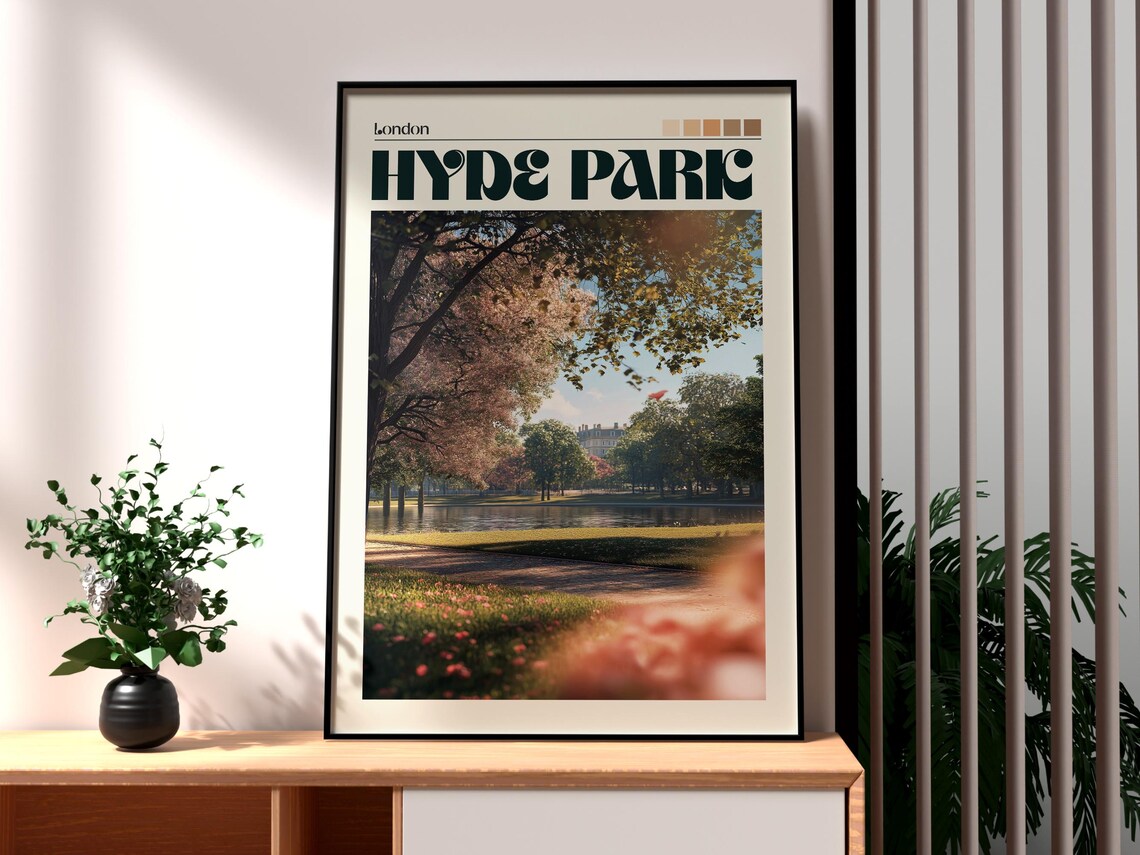 Hyde Park London Serpentine Blossom Trees Lakeside Travel Poster