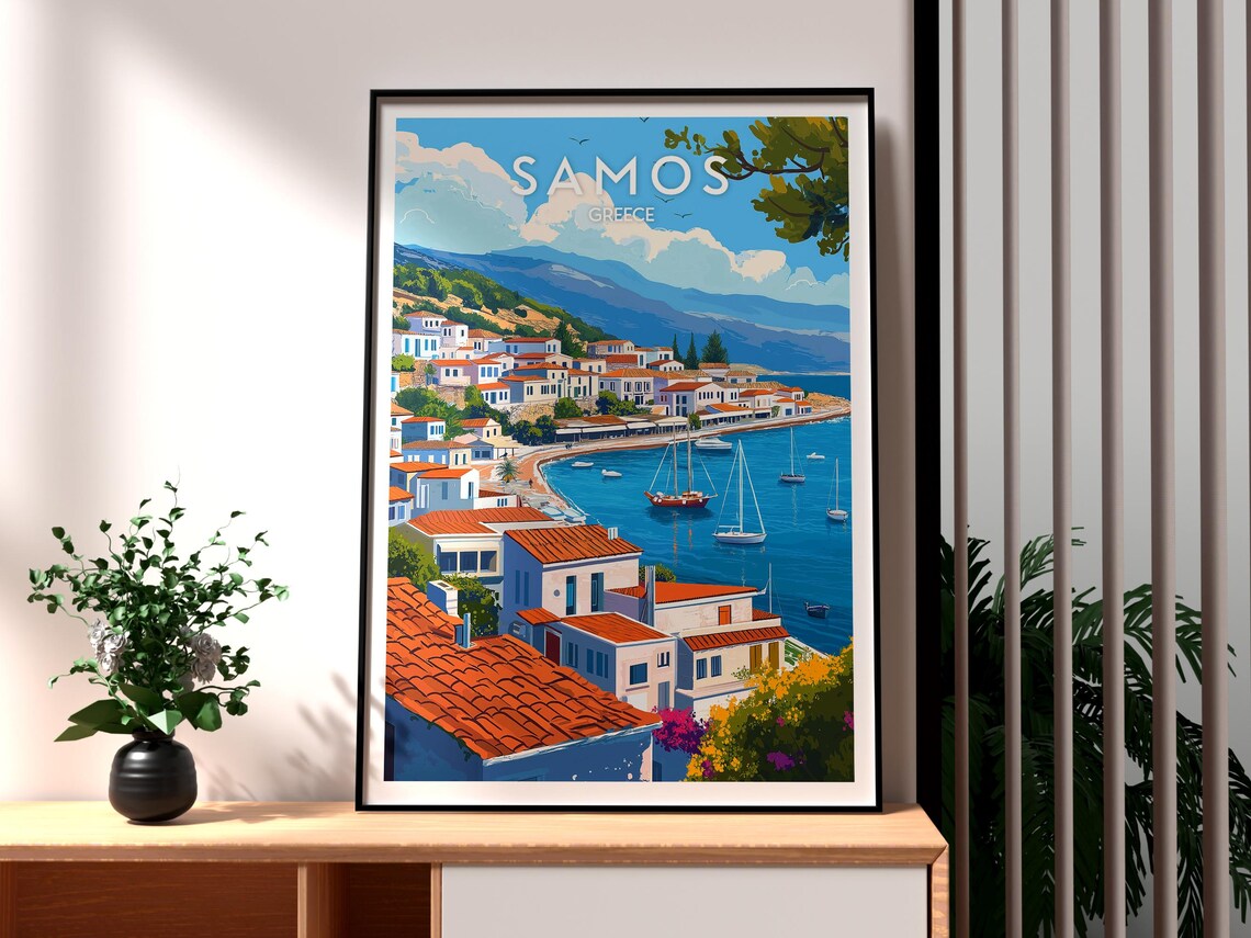 Samos Greece Island Harbor White Houses and Sailboats Poster