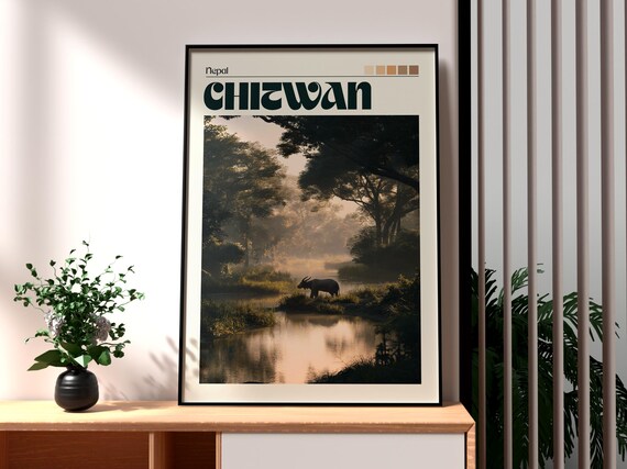 Chitwan Nepal Misty River Forest Wildlife Travel Photo Poster