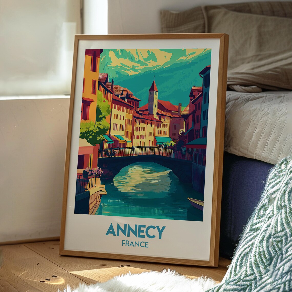 Retro Annecy France Canal Bridge Church Tower Town Travel Poster - Image 3
