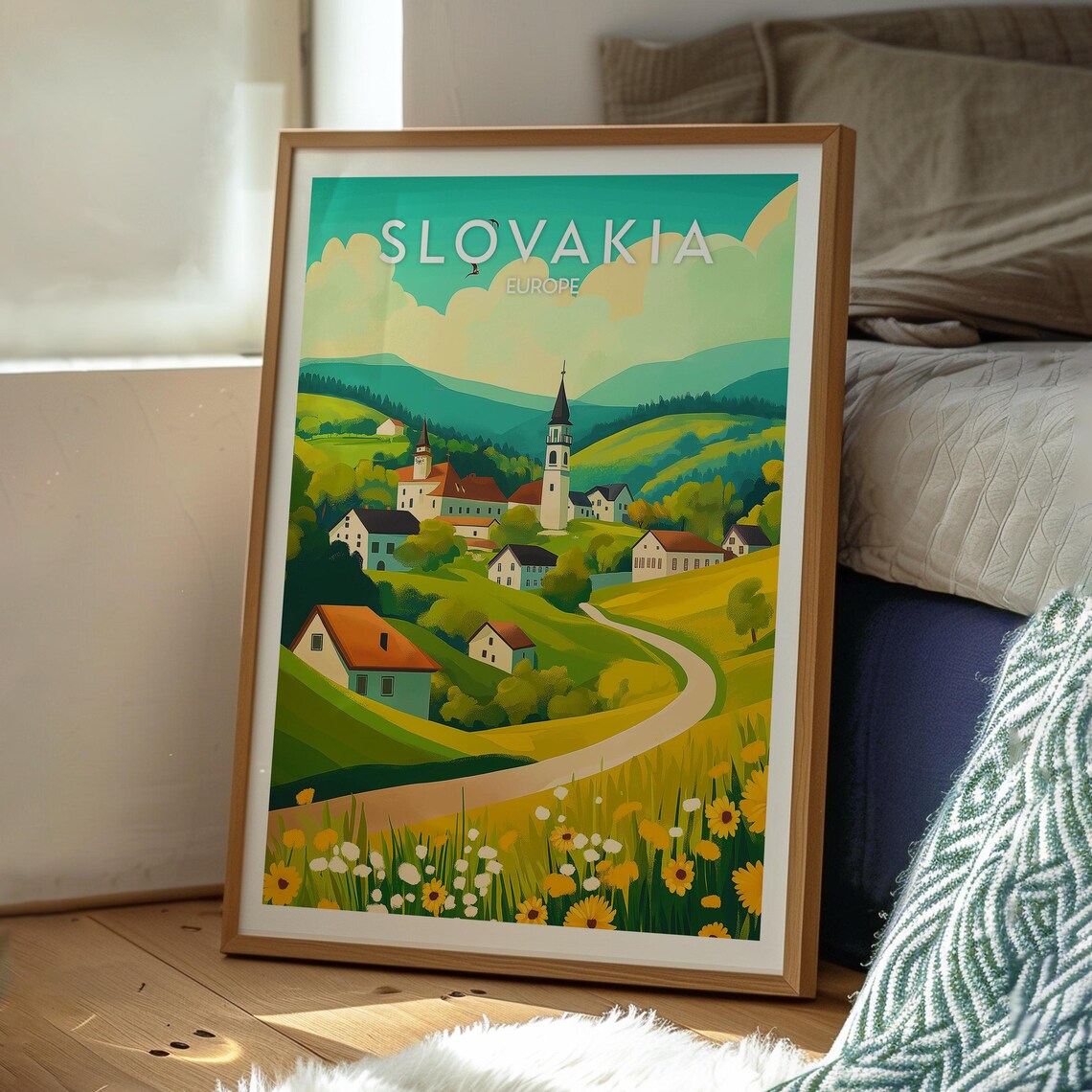 Slovakia Europe Village Church Green Valley Wildflower Travel Poster - Image 3