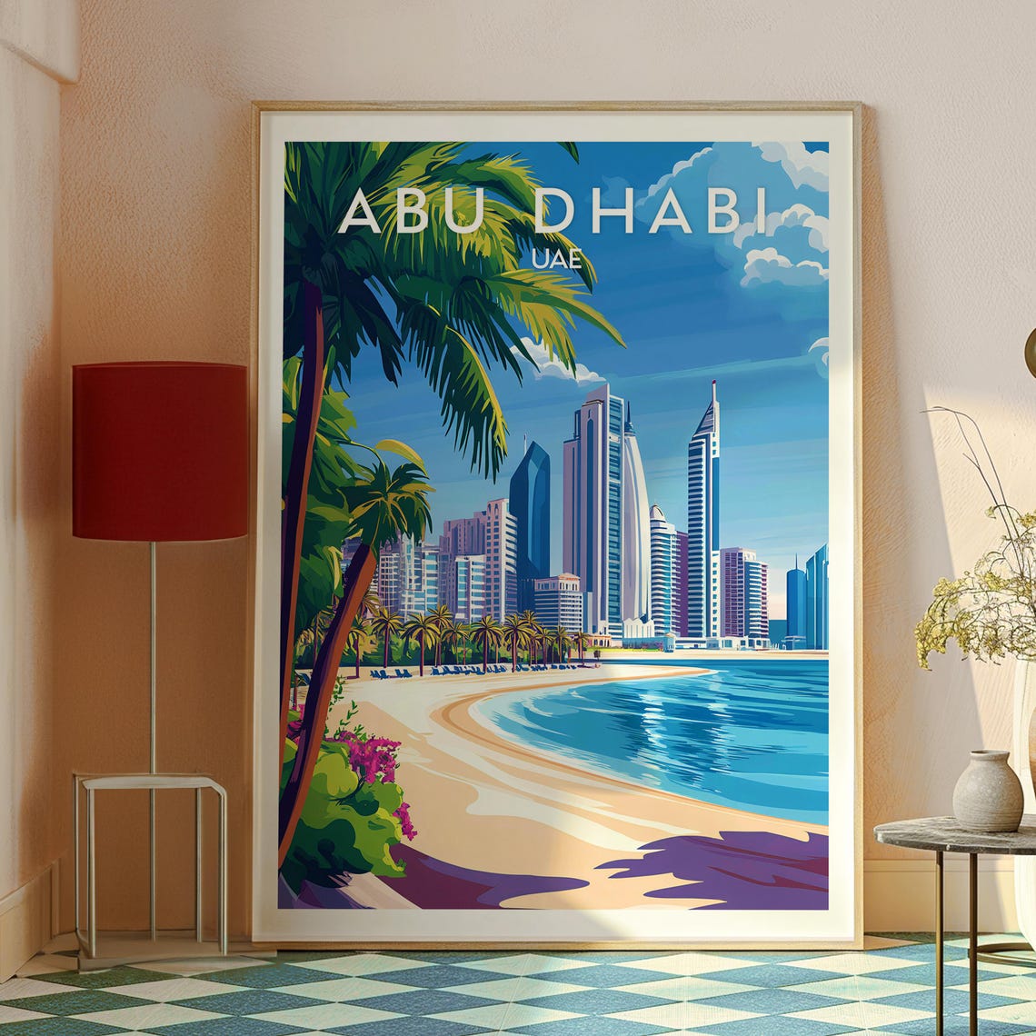 Abu Dhabi UAE Corniche Beach Palm Skyline Arabian Gulf Travel Poster - Image 2
