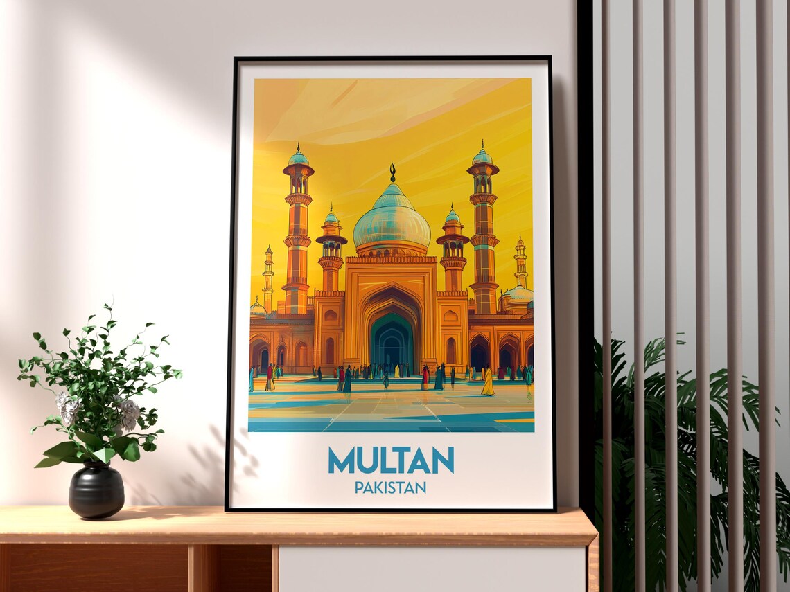 Multan Pakistan Grand Mosque Golden Sunset Retro Travel Poster