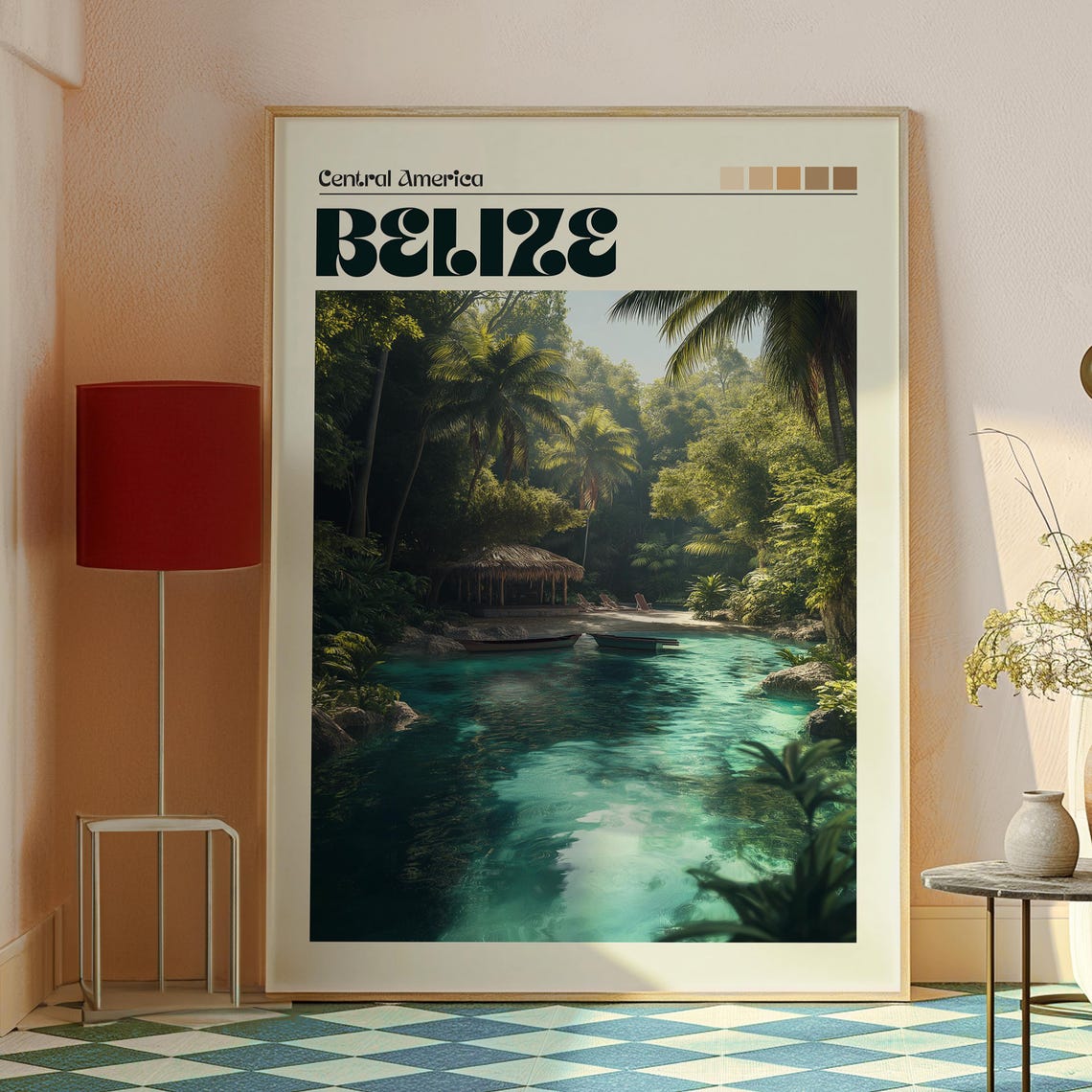 Belize Tropical Jungle Lagoon Thatched Hut Travel Art Poster - Image 2