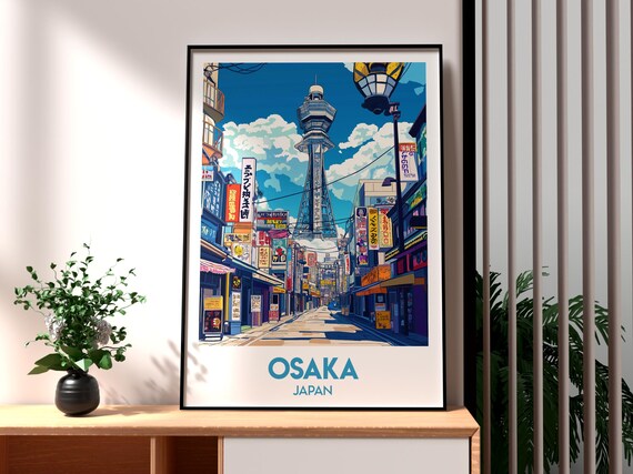 Osaka Japan Bustling Neon Street Tsutenkaku Tower and Signs Poster
