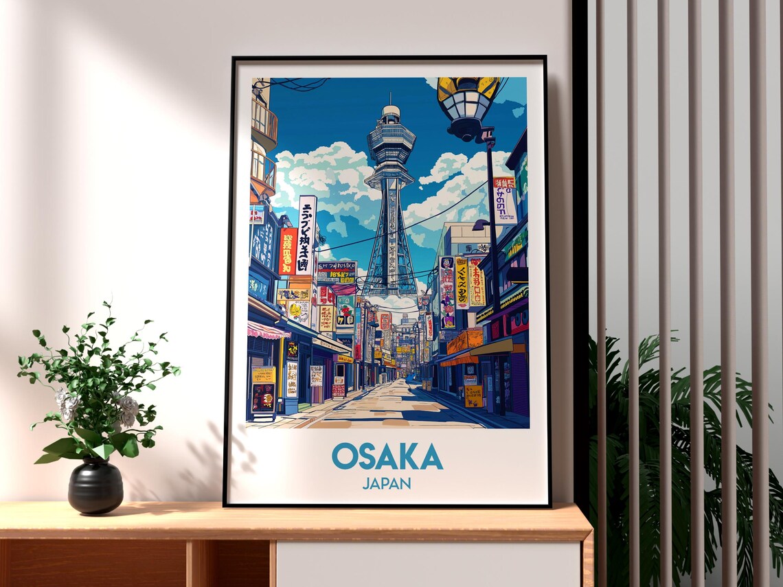 Osaka Japan Bustling Neon Street Tsutenkaku Tower and Signs Poster