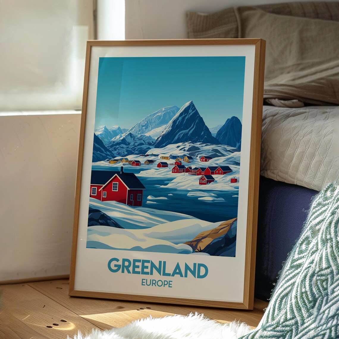 Greenland Europe Snowy Fjord Red Houses Arctic Village Vintage Poster - Image 3