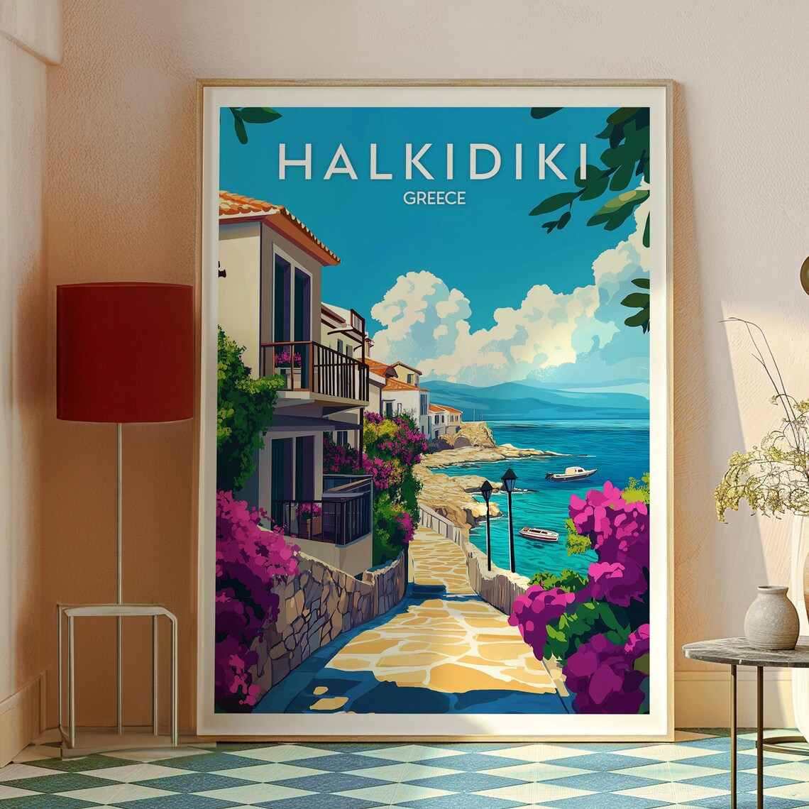 Halkidiki Greece Coastal Village Bougainvillea Sea View Travel Poster - Image 2