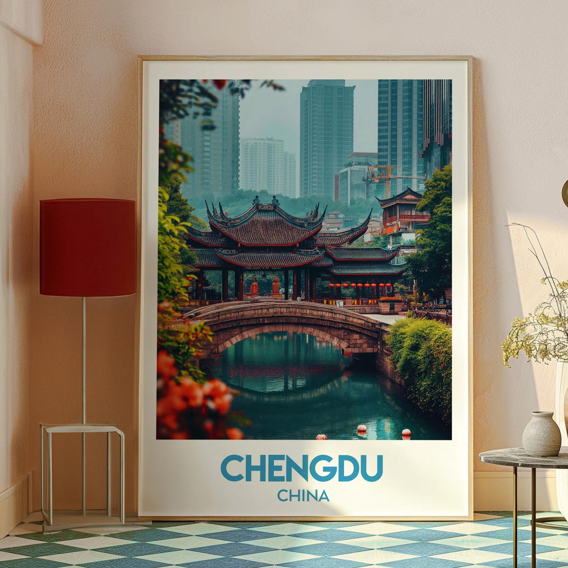 Chengdu China Traditional Temple Stone Bridge River View Poster - Image 2