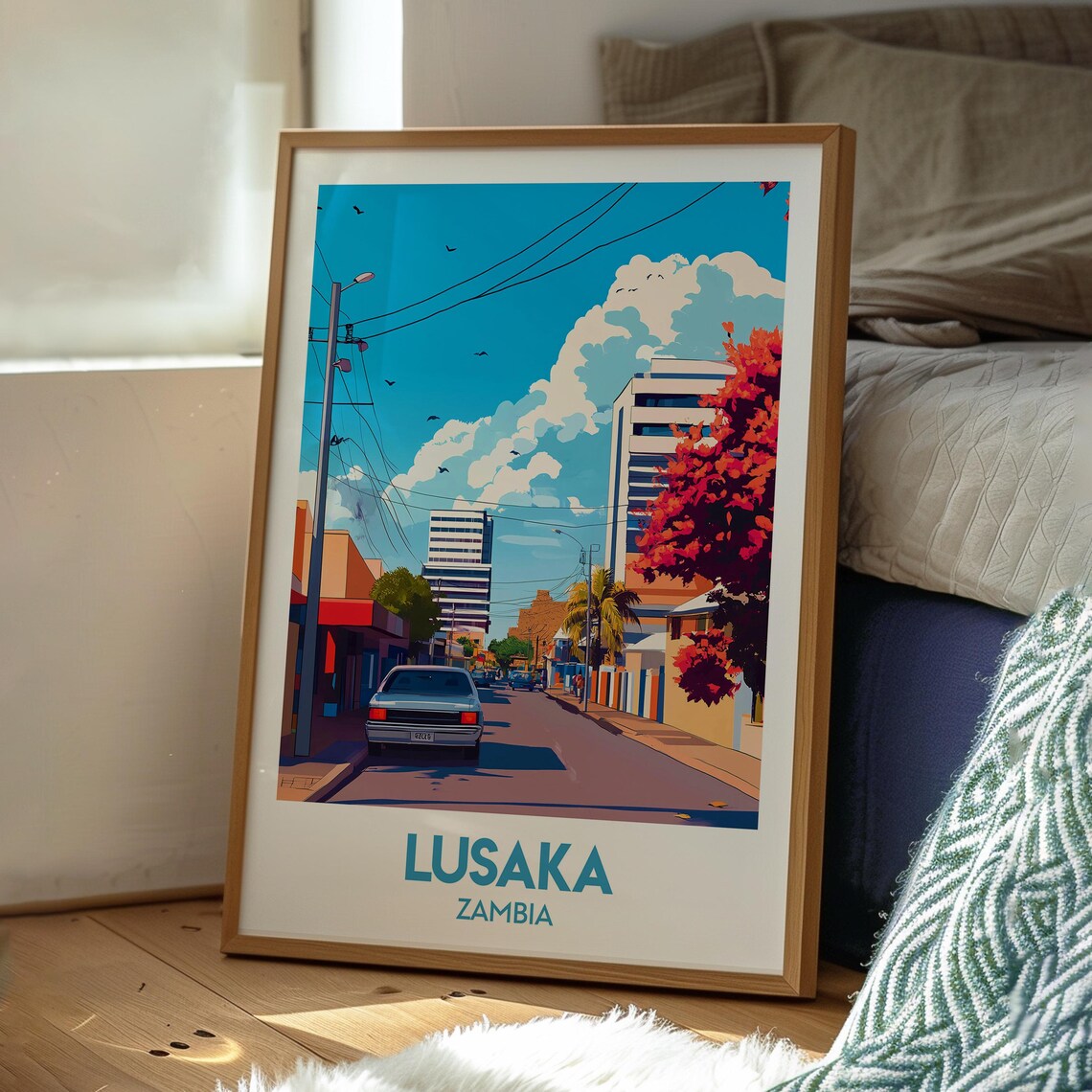 Lusaka Zambia Sunny Street Scene City Buildings Vintage Travel Poster - Image 3