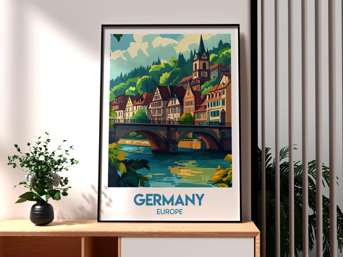 Germany Europe Riverside Half Timbered Town Bridge Vintage Art Poster