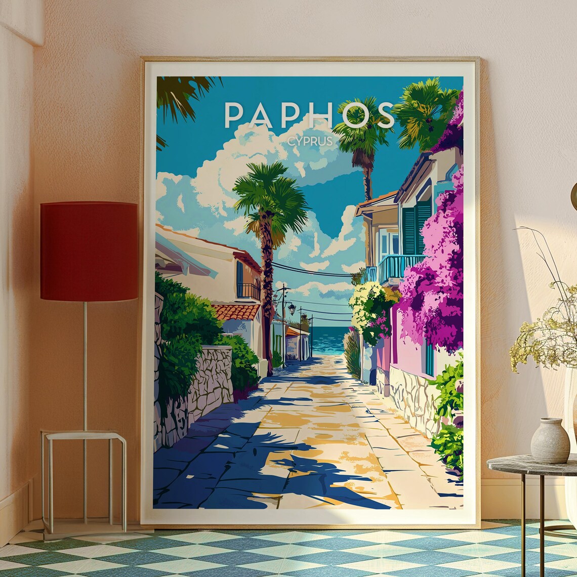 Paphos Cyprus Sunlit Street Palms Bougainvillea Sea View Travel Poster - Image 2