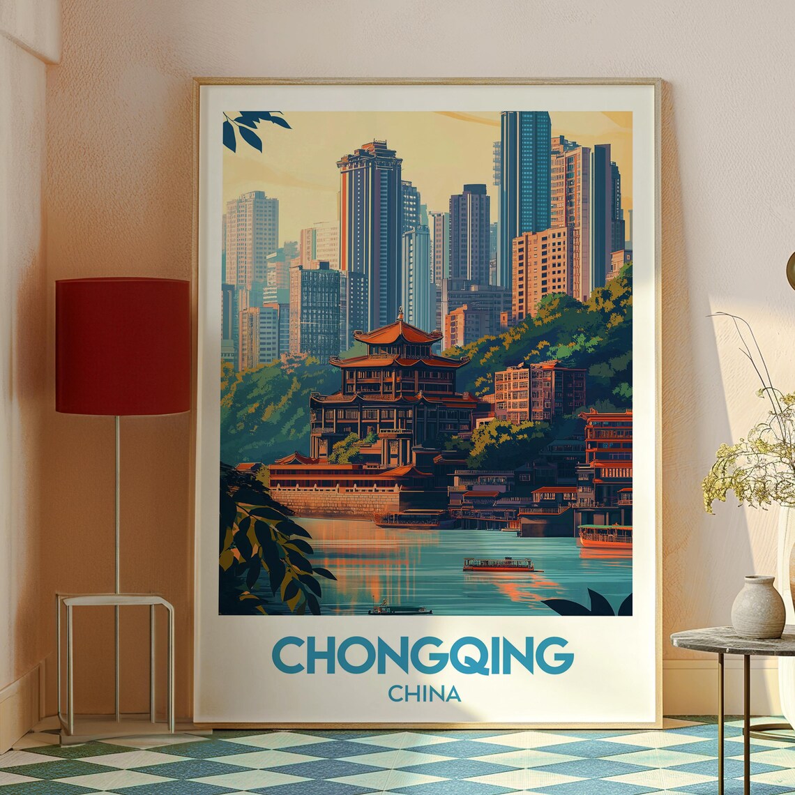 Chongqing China Sunset Skyline Pagoda River View Travel Poster - Image 2