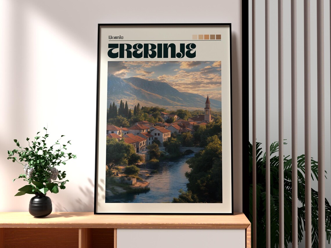 Trebinje Bosnia Old Town River Bridge Sunset Retro Travel Poster