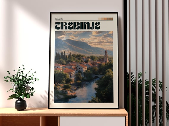 Trebinje Bosnia Old Town River Bridge Sunset Retro Travel Poster