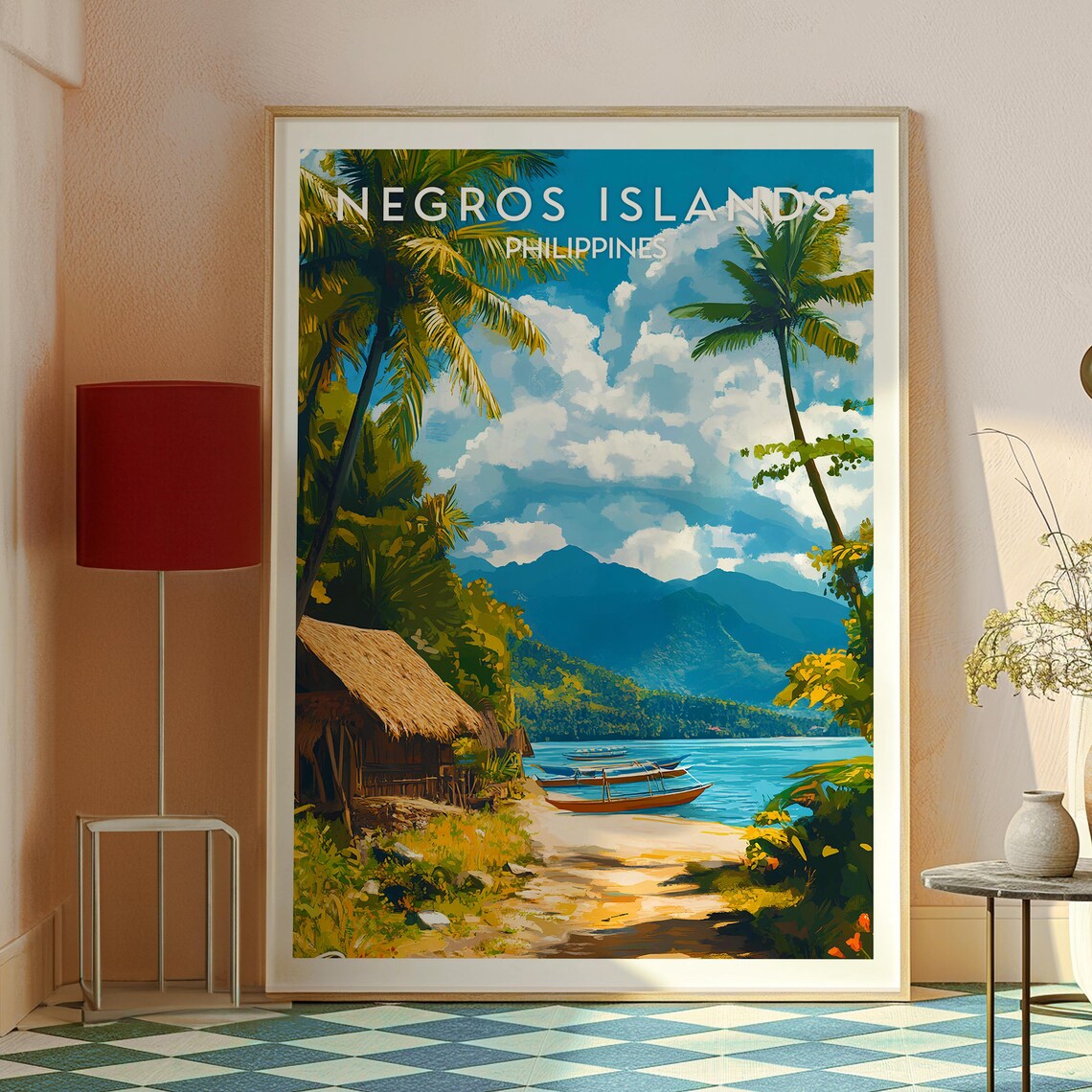 Negros Islands Philippines Tropical Beach Boats Thatched Hut Poster - Image 2