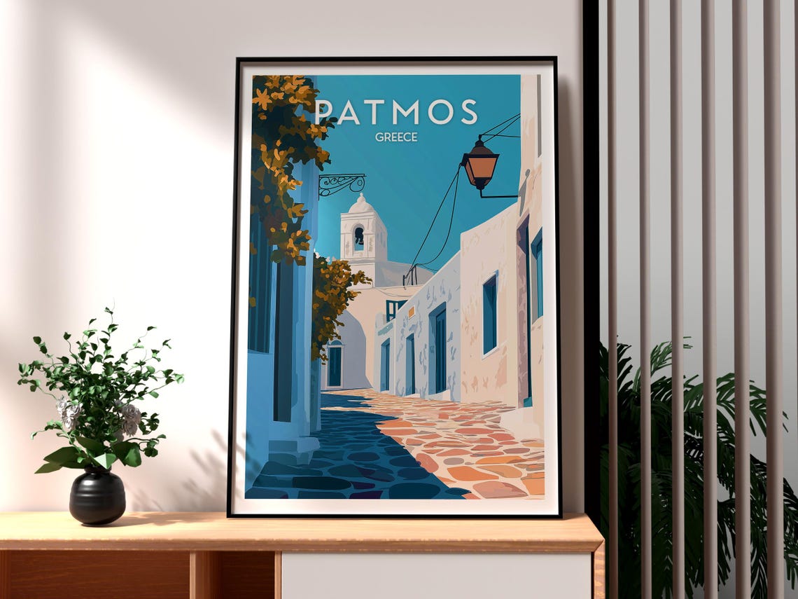 Patmos Greece Whitewashed Alley Church Bell Tower Island Travel Poster