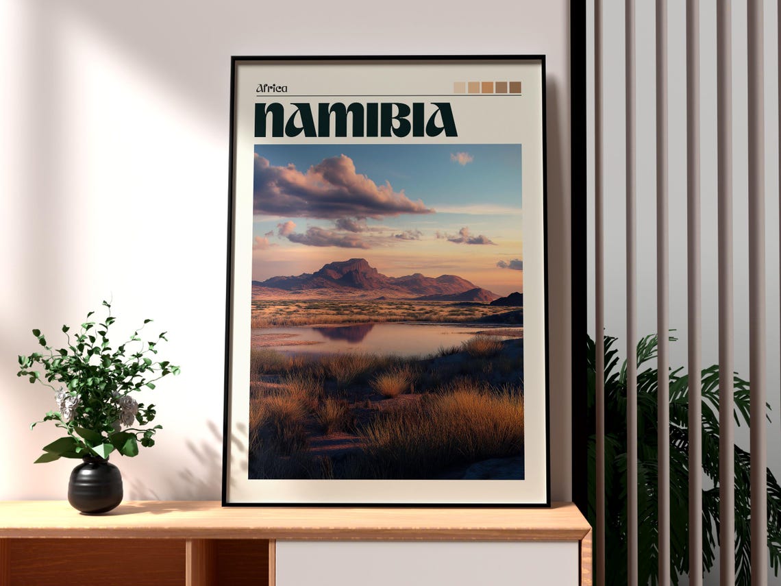 Namibia Africa Desert Sunset Waterhole Mountain Safari Travel Poster